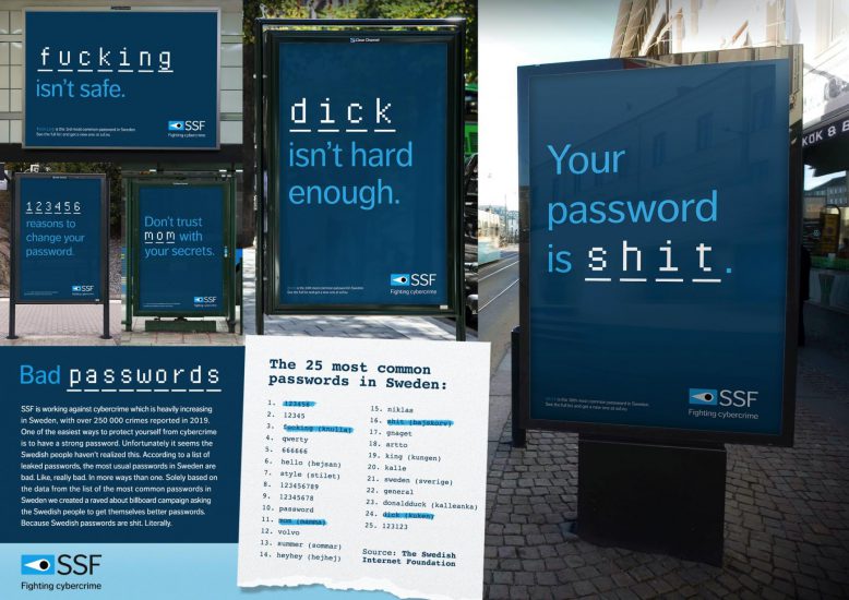 Ukázka billboardů vtipně poukazující na použití špatných hesel