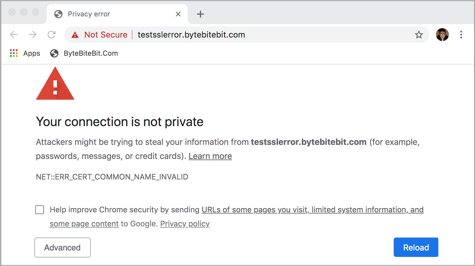 Screen showing privacy error