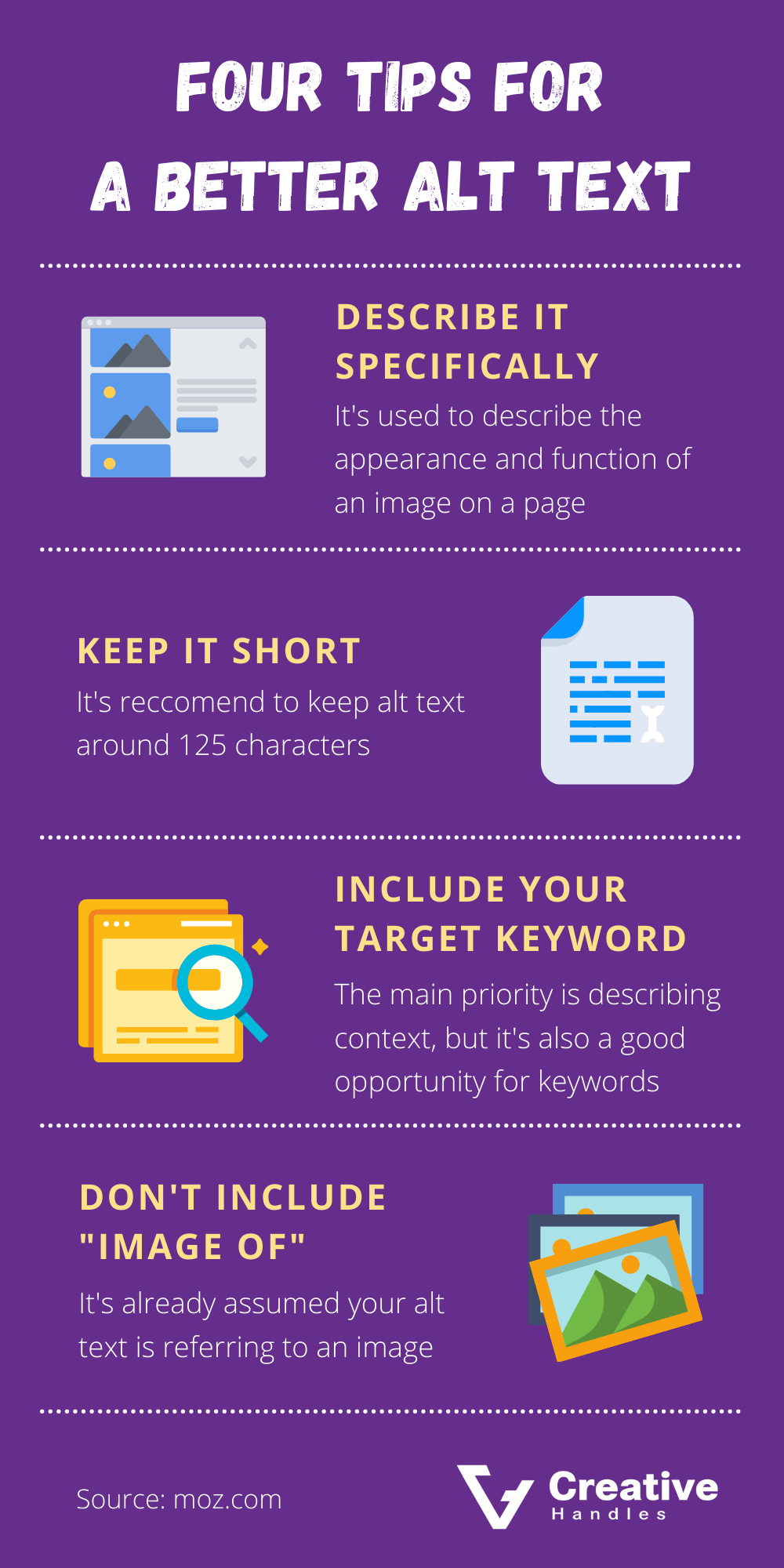 Infographics 4 tips for a better Alt text (Describe it specifically, keep it short, include your target keyword, don't include "image of")